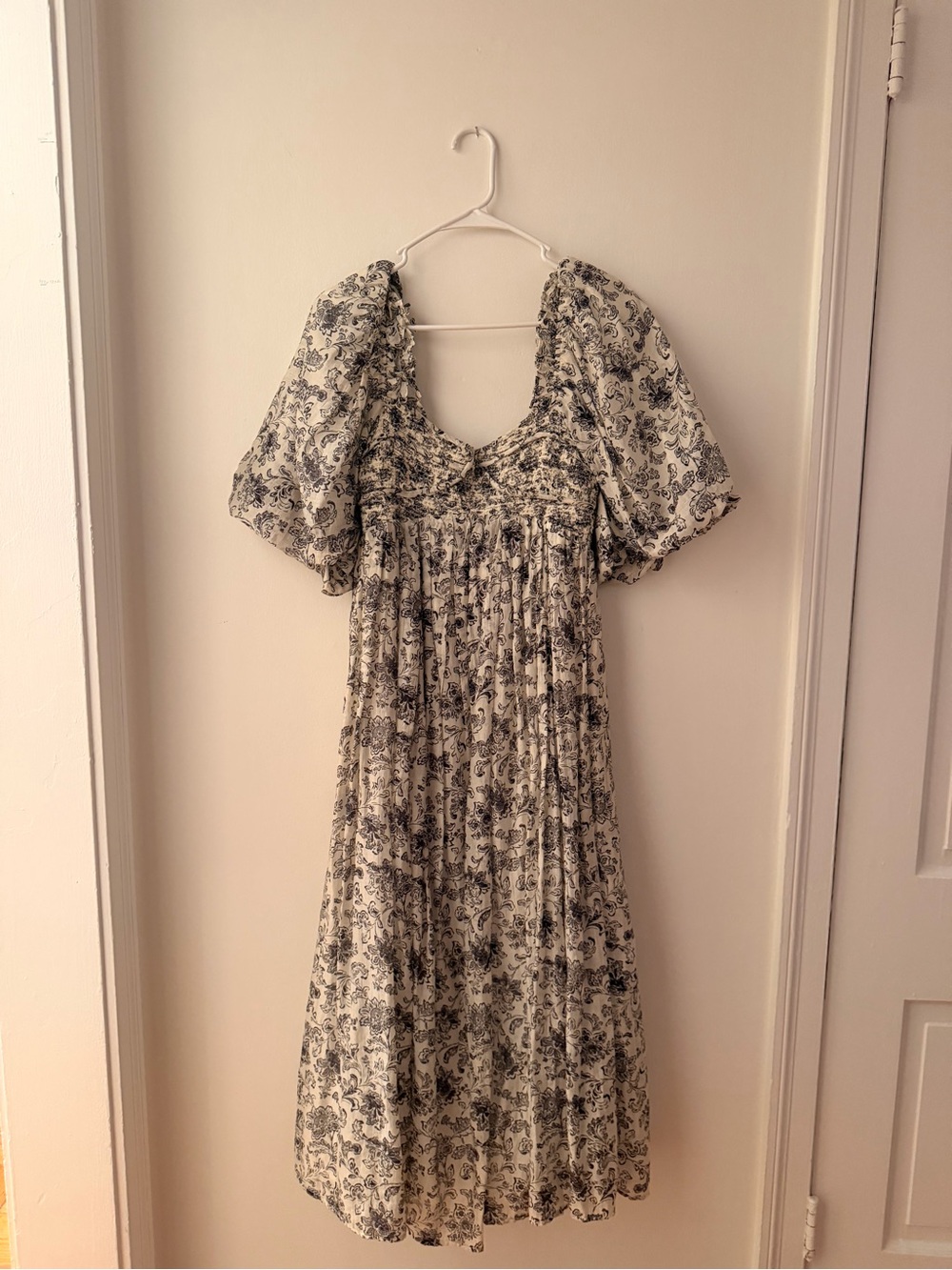 Floral Puff-Sleeve Midi Dress — Ivory with Black Print